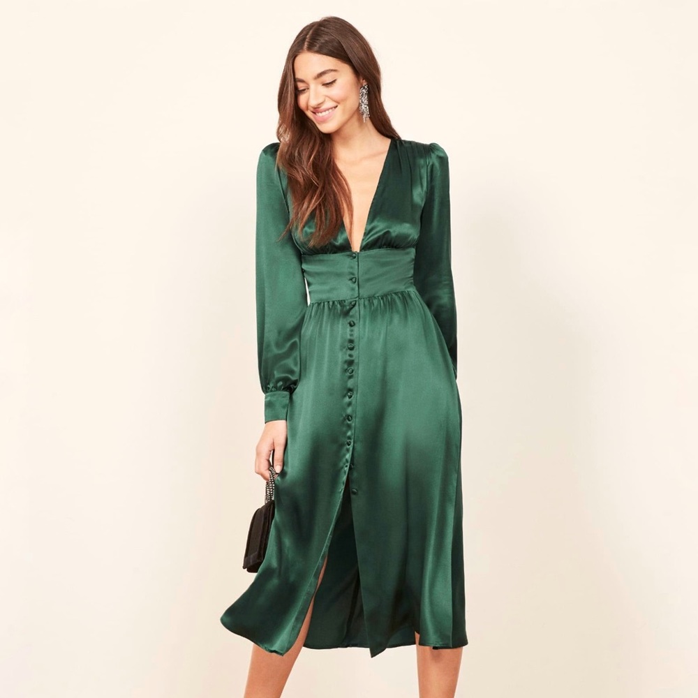 Reformation Nicola Silk Dress in Green